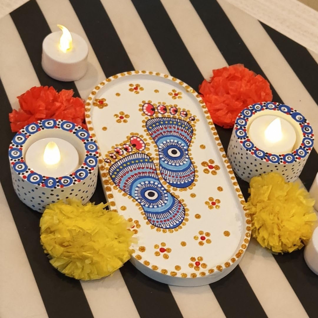 Evil Eye Lakshmi Charan Rangoli Tray and Tealight Candle Holders Set - Image 3
