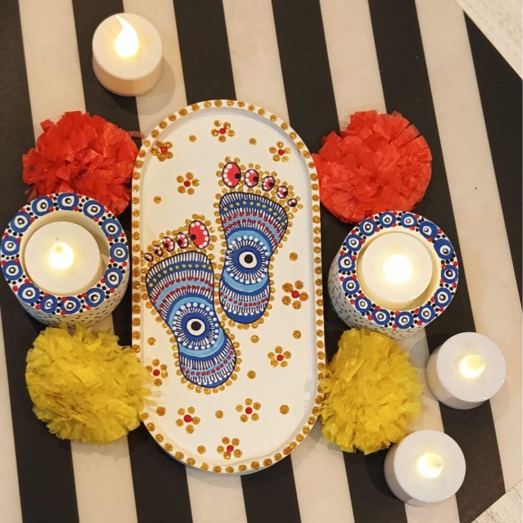 Deemeetastic Evil Eye Lakshmi Charan Rangoli Tray and Tealight Candle Holders Set, Traditional & Nazar Indian Design with Embossed Gold Accents. Rangoli in 1 Minute. Diwali Unique Rangoli