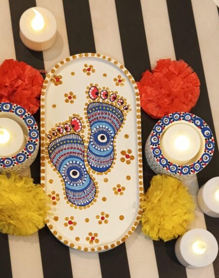Deemeetastic Evil Eye Lakshmi Charan Rangoli Tray and Tealight Candle Holders Set, Traditional & Nazar Indian Design with Embossed Gold Accents. Rangoli in 1 Minute. Diwali Unique Rangoli